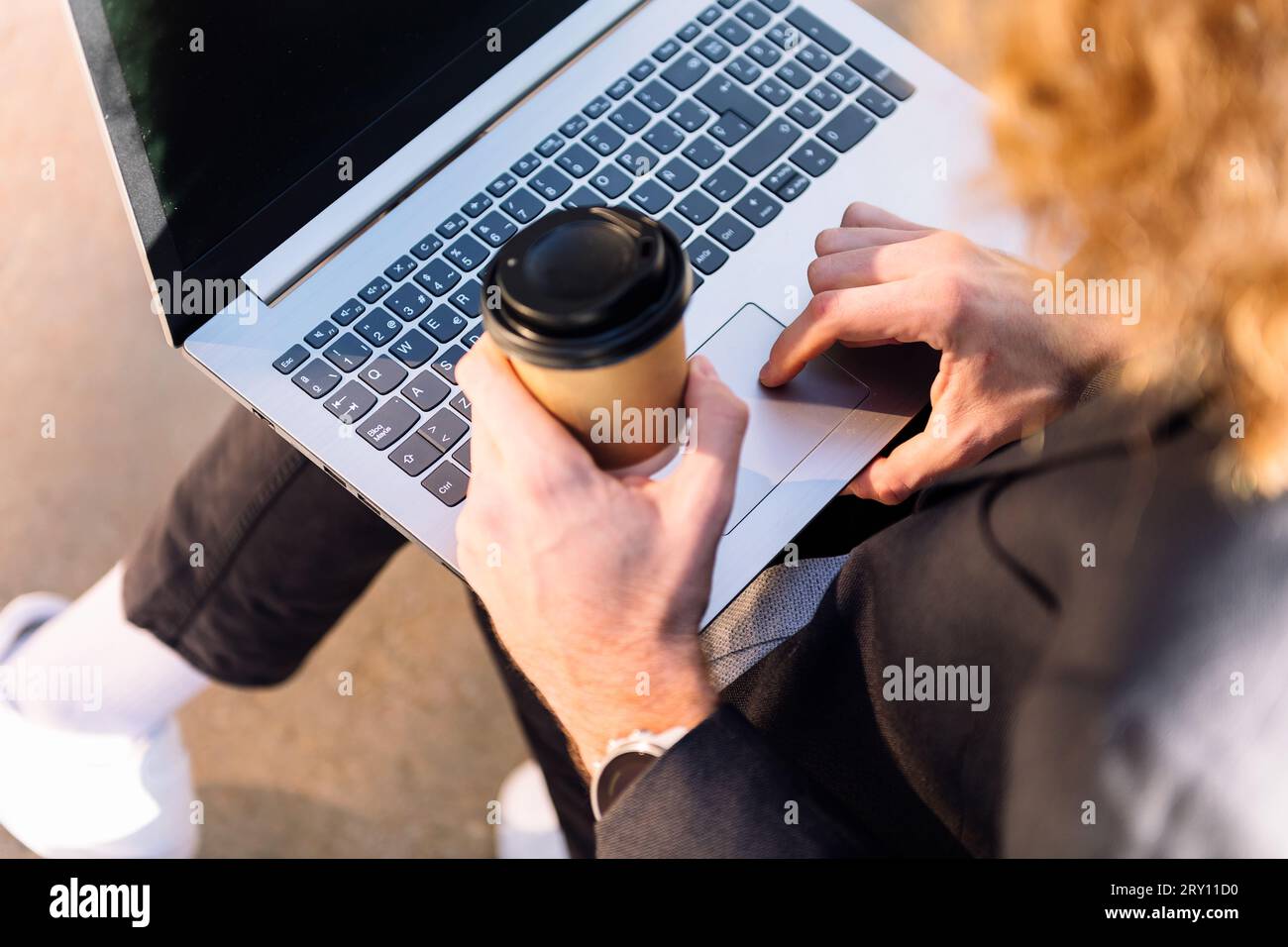 unrecognizable man working with a laptop Stock Photo