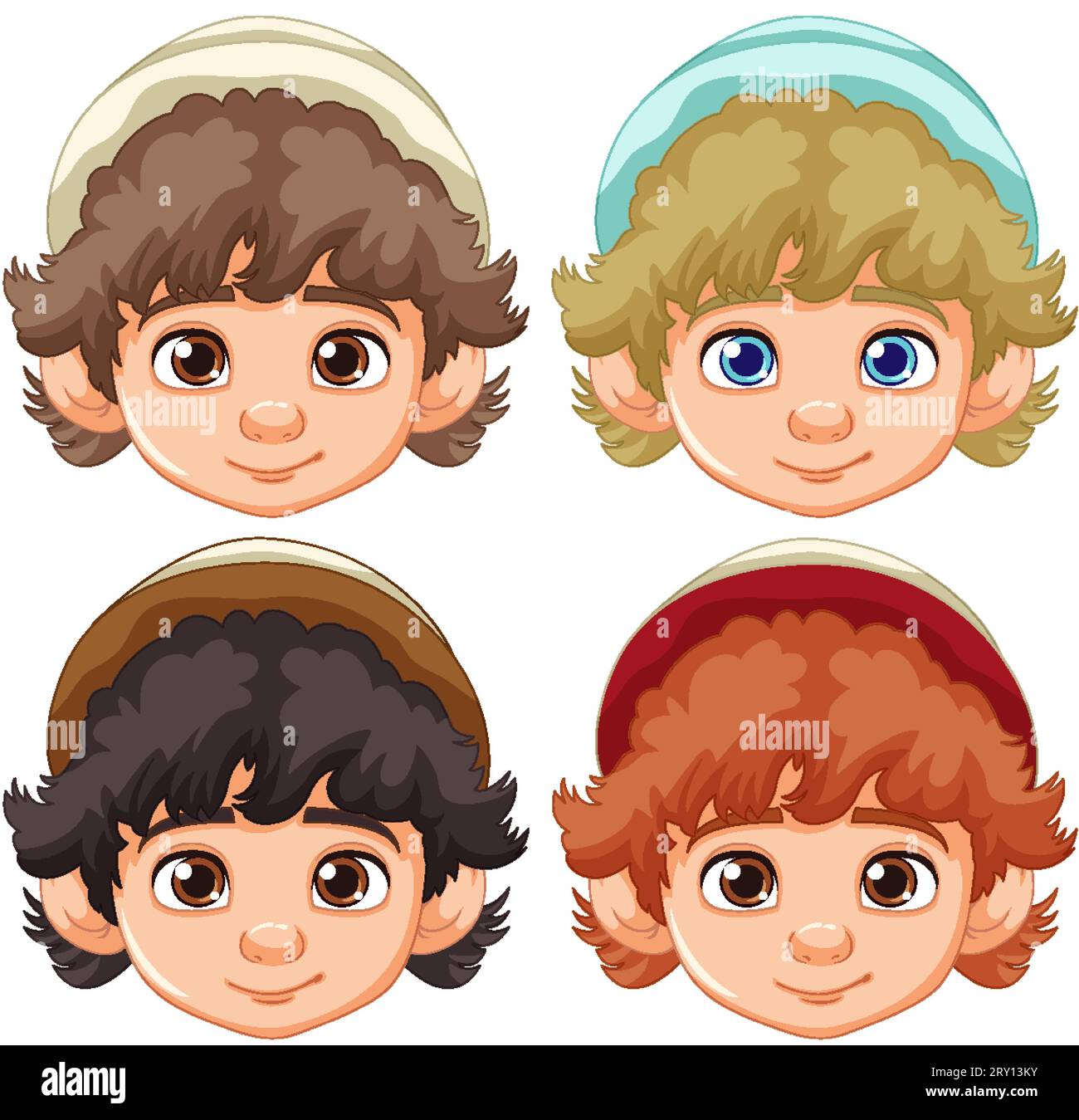 Vector cartoon illustrations of a boy wearing a beanie hat with various ...
