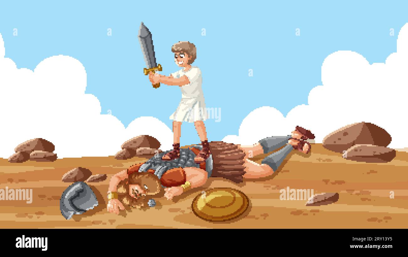 David's heroic victory over Goliath, the biblical giant Stock Vector