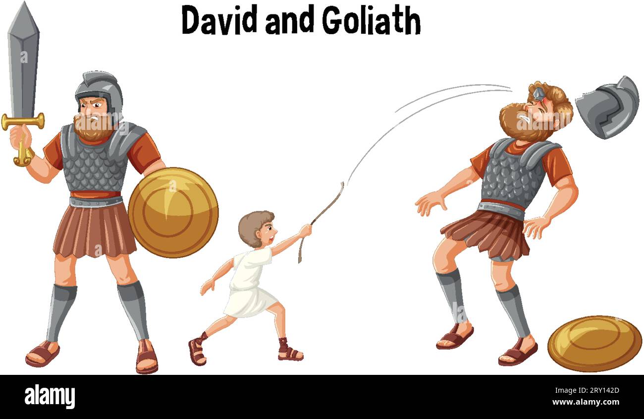 A vector cartoon illustration depicting the biblical story of David and Goliath Stock Vector