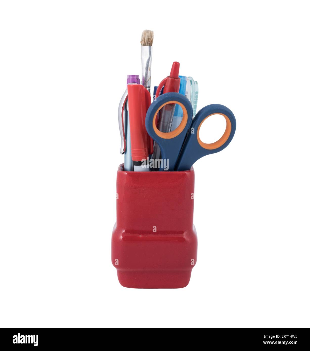 some stationery items in a pen holder on a transparent background Stock Photo