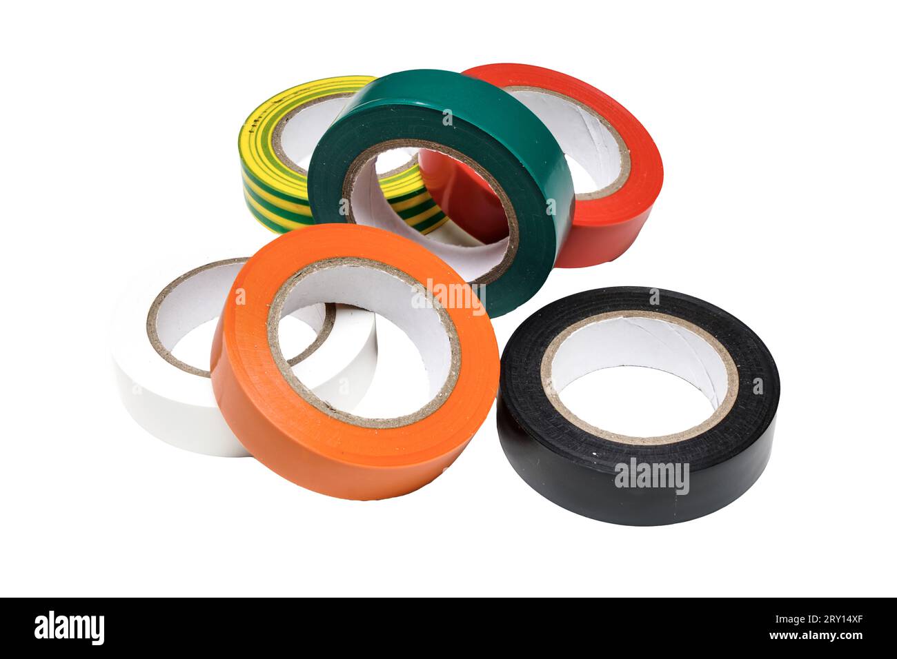 some rolls of colored insulating tapes on a white surface Stock Photo