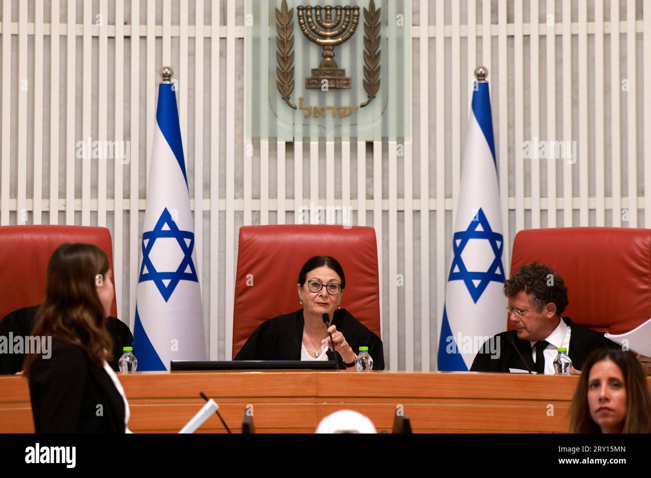 President Of The Israeli Supreme Court Esther Hayut, Center, And Judges ...