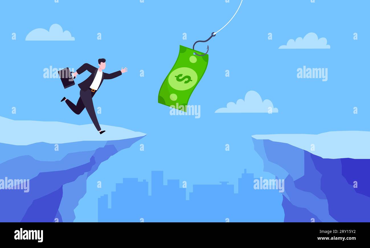 Fishing money chase business concept with businessman running after dangling dollar jumps over the cliff. Working hard and always busy in the loop rou Stock Vector