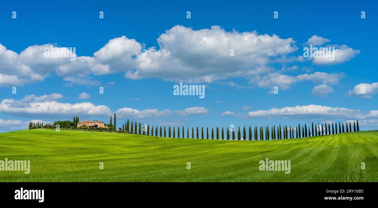 Beautiful Tuscan landscape with traditional farmhouse and dramatic clouds on a sunny day in Val d'Orcia, Italy Stock Photo