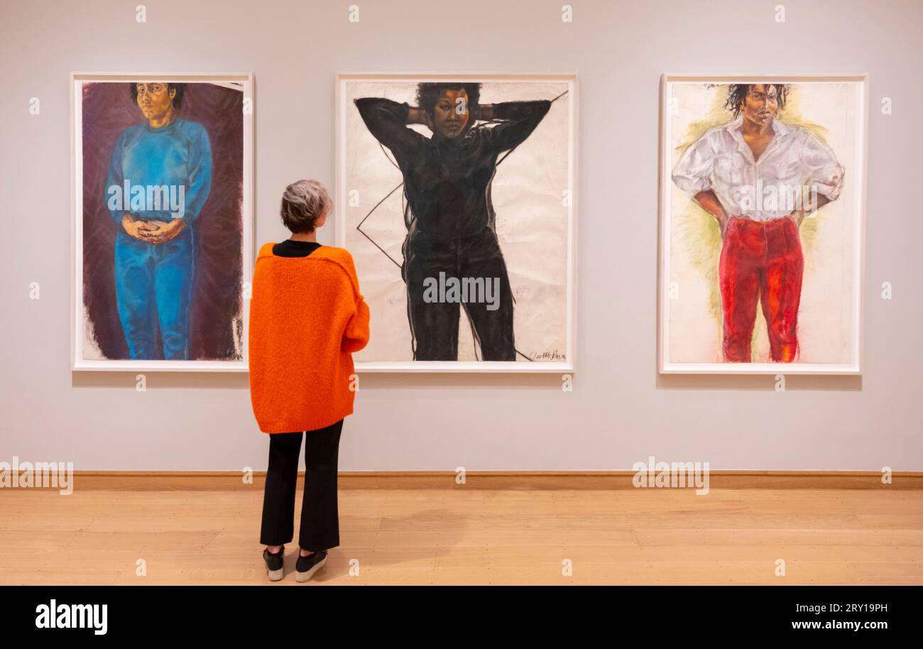 The Courtauld Gallery, London, UK. 28th Sept, 2023. A major exhibition of work by British artist Claudette Johnson MBE (b.1959) at The Courtauld Gallery from 29 Sept 2023-14 Jan 2024. Image (l to r): Trilogy (Part One) Woman in Blue, 1986, Arts Council Collection; Trilogy (Part Two) Woman in Black, 1982, Arts Council Collection; Trilogy (Part Three) Woman in Red, 1986, Arts Council Collection. Credit: Malcolm Park/Alamy Live News Stock Photo