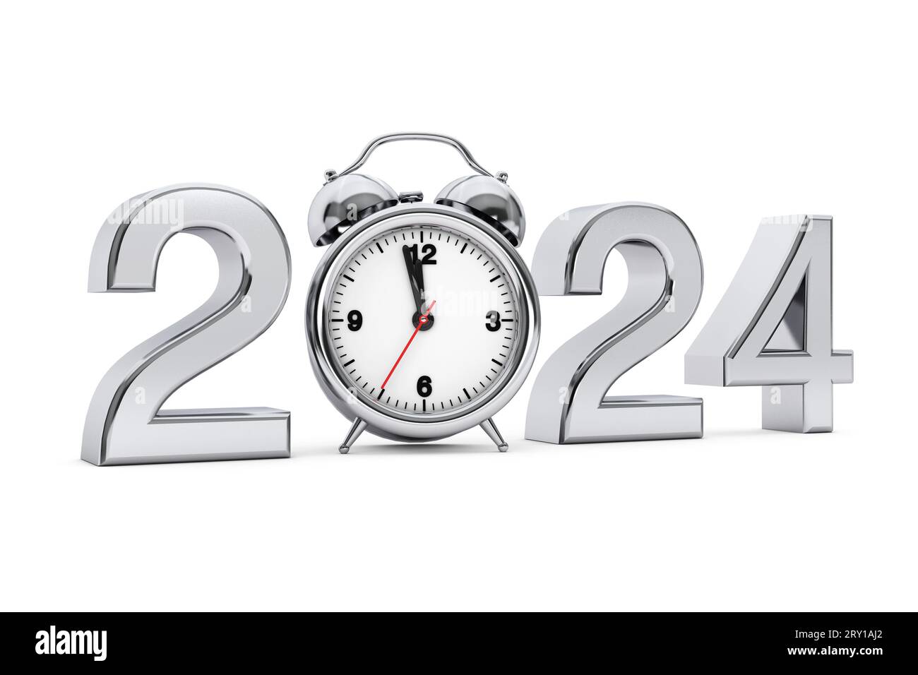 New Year 2024 concept. 2024 Steel Sign with Alarm Clock on a white
