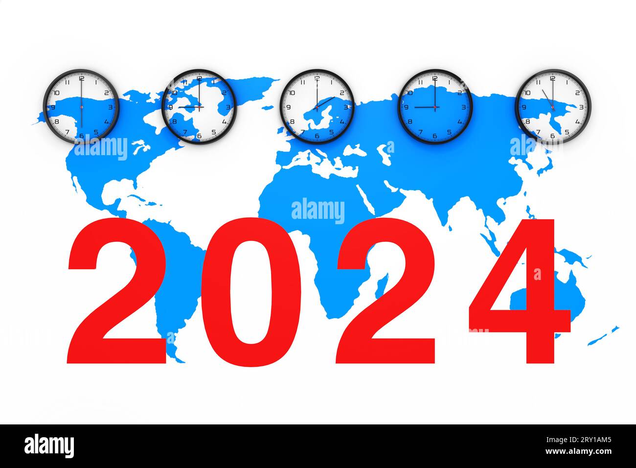 Set of Clocks with Different World Time, Blue World Map and New 2024