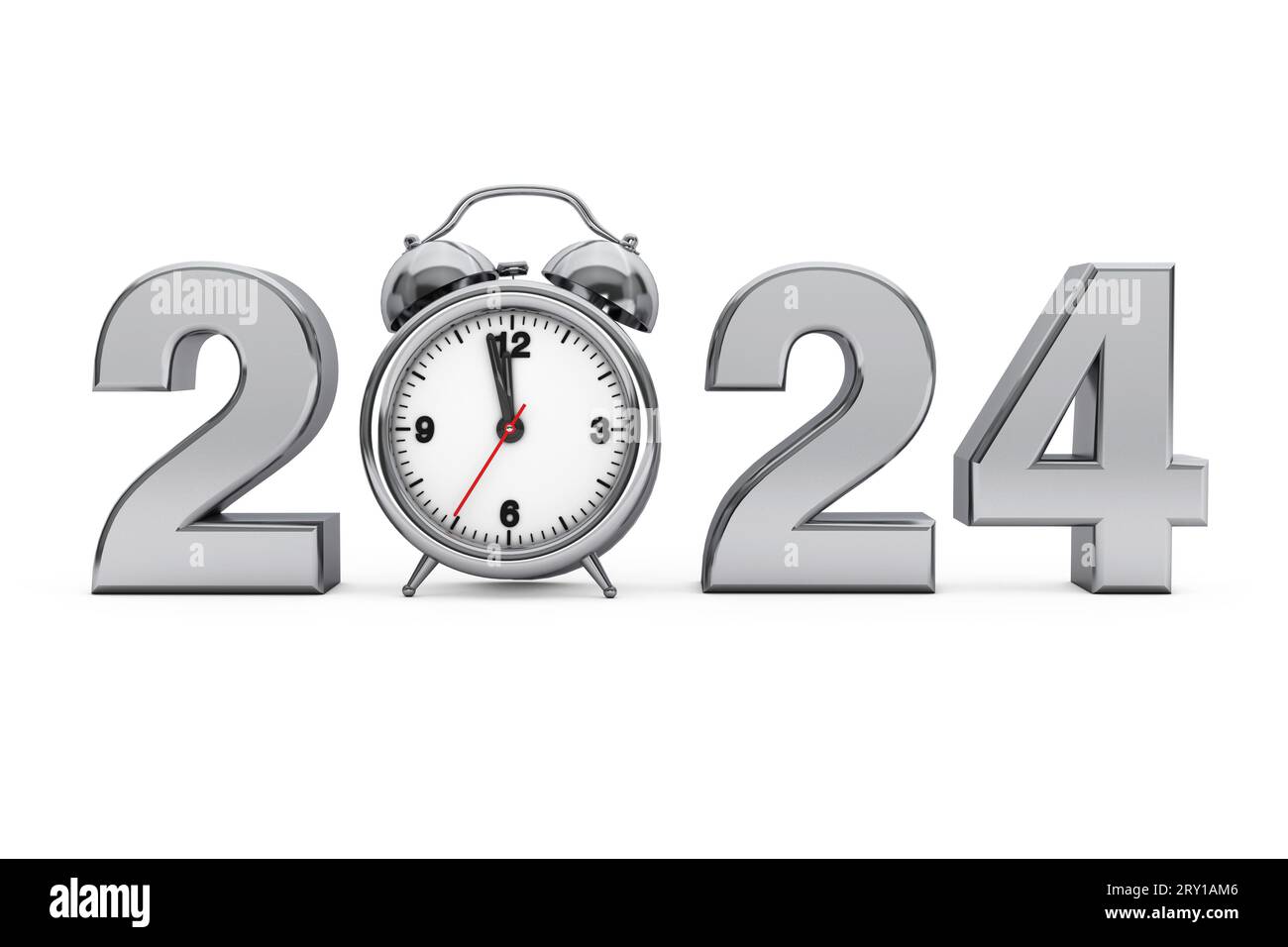 New Year 2024 concept. 2024 Steel Sign with Alarm Clock on a white