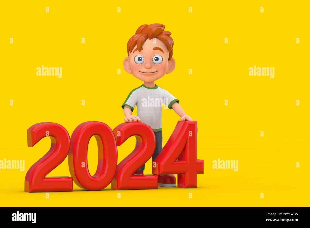 Cartoon Little Boy Teen Person Character Mascot With Red 2024 New Year Sign On A Yellow Background 3d Rendering 2RY1ATW 