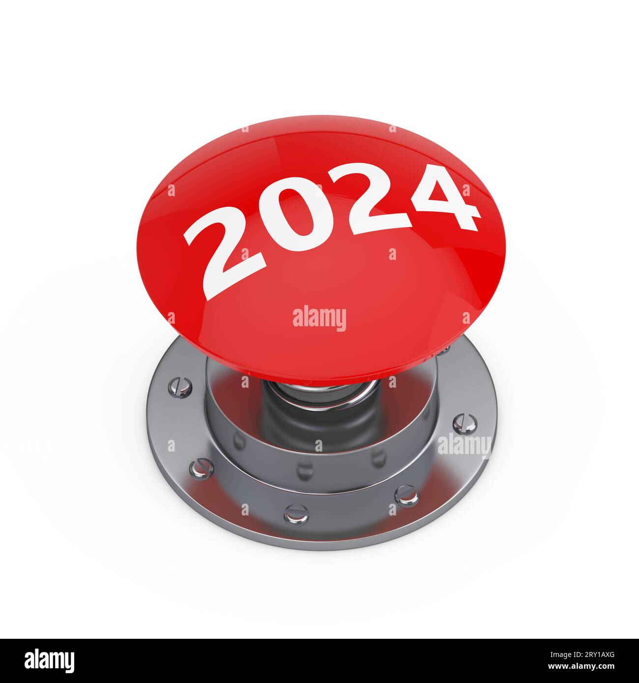 Red Start 2024 New Year Button on a white background. 3d Rendering