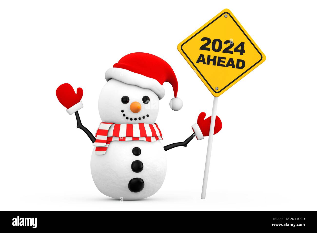 Snowman with 2024 New Year Ahead Sign on a white background. 3d