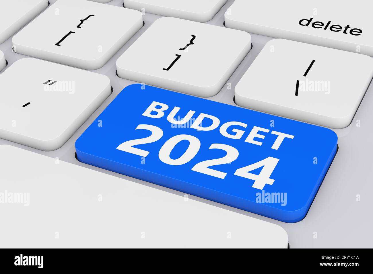 Blue Budget 2024 Key on White PC Keyboard extreme closeup. 3d Rendering