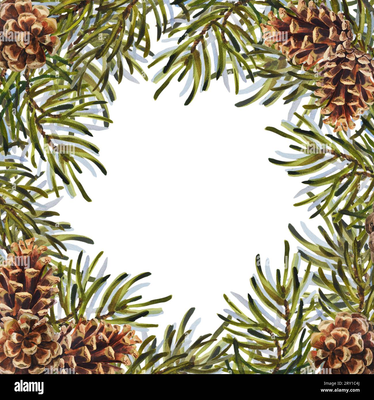Watercolor Christmas frame with pine cones and fir tree branches. Hand ...