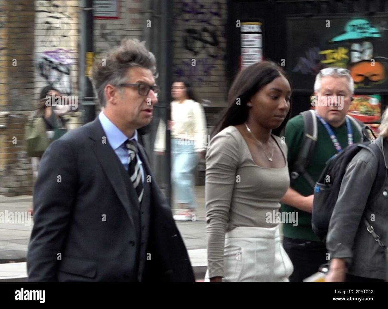 Screen grab taken from PA Video of Bianca Williams outside Palestra House, central London, for the gross misconduct hearing of five Metropolitan Police officers over the stop and search of two black athletes. British athlete Williams and her partner Ricardo Dos Santos were stopped and handcuffed in Maida Vale, north London in July 2020 while driving along with their baby. Picture date: Thursday September 28, 2023. Stock Photo