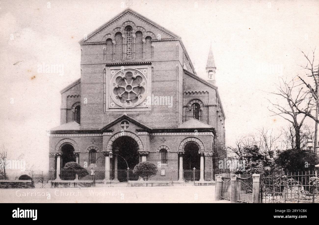 19th century postcard of St George's Church, Woolwich Garrison, London, circa 1900. The dhurch was designed by Thomas Henry Wyatt in a Early Christian/Lombardic Romanesque style with Byzantine influences in the interior, not dissimilar to Wyatt's design for Wilton Parish Church in Wiltshire.. Building started in 1862 and it was consecrated 1863. The church suffered severe bomb damage in 1944, and was finally demolished in 1970, retaining parts of the building as a memorial. Stock Photo