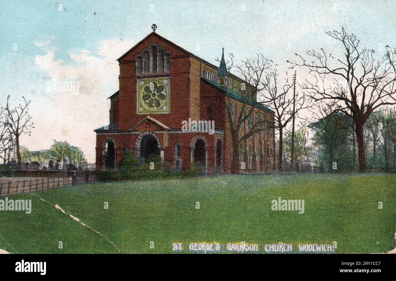 19th century postcard of St George's Church, Woolwich Garrison, London, circa 1900. The dhurch was designed by Thomas Henry Wyatt in a Early Christian/Lombardic Romanesque style with Byzantine influences in the interior, not dissimilar to Wyatt's design for Wilton Parish Church in Wiltshire.. Building started in 1862 and it was consecrated 1863. The church suffered severe bomb damage in 1944, and was finally demolished in 1970, retaining parts of the building as a memorial. Stock Photo