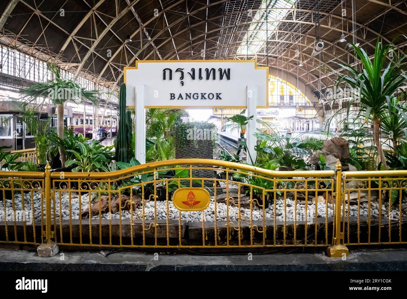 The train platform with classic signage at Hua Lamphong Train Station Pathum Wan, Bangkok