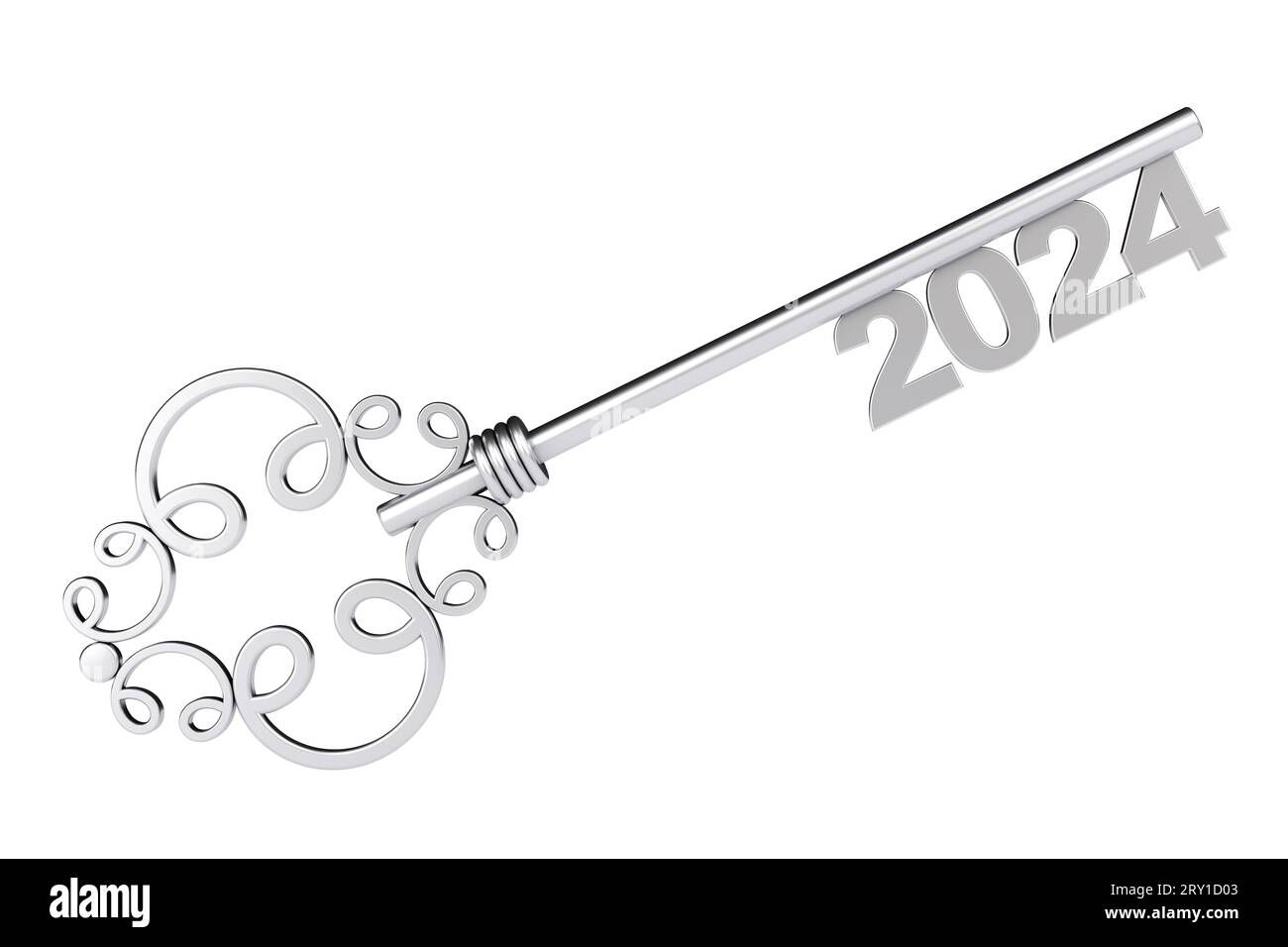 Silver Vintage Key With 2024 Year Sign On A White Background 3d Rendering 2RY1D03 