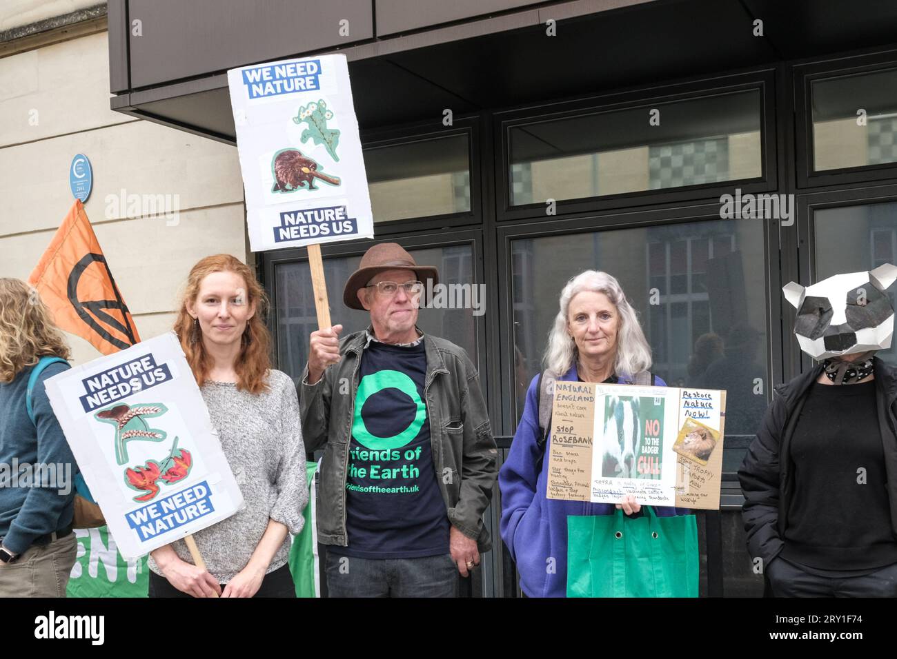 Bristol, UK. 28th Sept 2023. Environmental activists from many groups under the banner of Restore Nature Now protest the inaction of DEFRA and therefore the Government’s non commitment to protect the environment. Pictured are the very peaceful protestors outside the DEFRA office in Bristol. Credit: JMF News/Alamy Live News Stock Photo