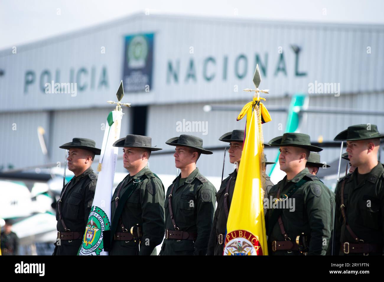 Colombian antinarcotics police officers during an event at the CATAM - Airbase in Bogota, where the United States of America embassy in Colombia gave Stock Photo