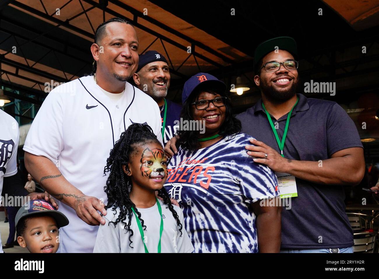 Detroit Tigers' Miguel Cabrera poses with a family at a Keeping Kids in the  Game event at Comerica Park Thursday, Aug. 24, 2023, in Detroit. Cabrera,  one of the greatest hitters of