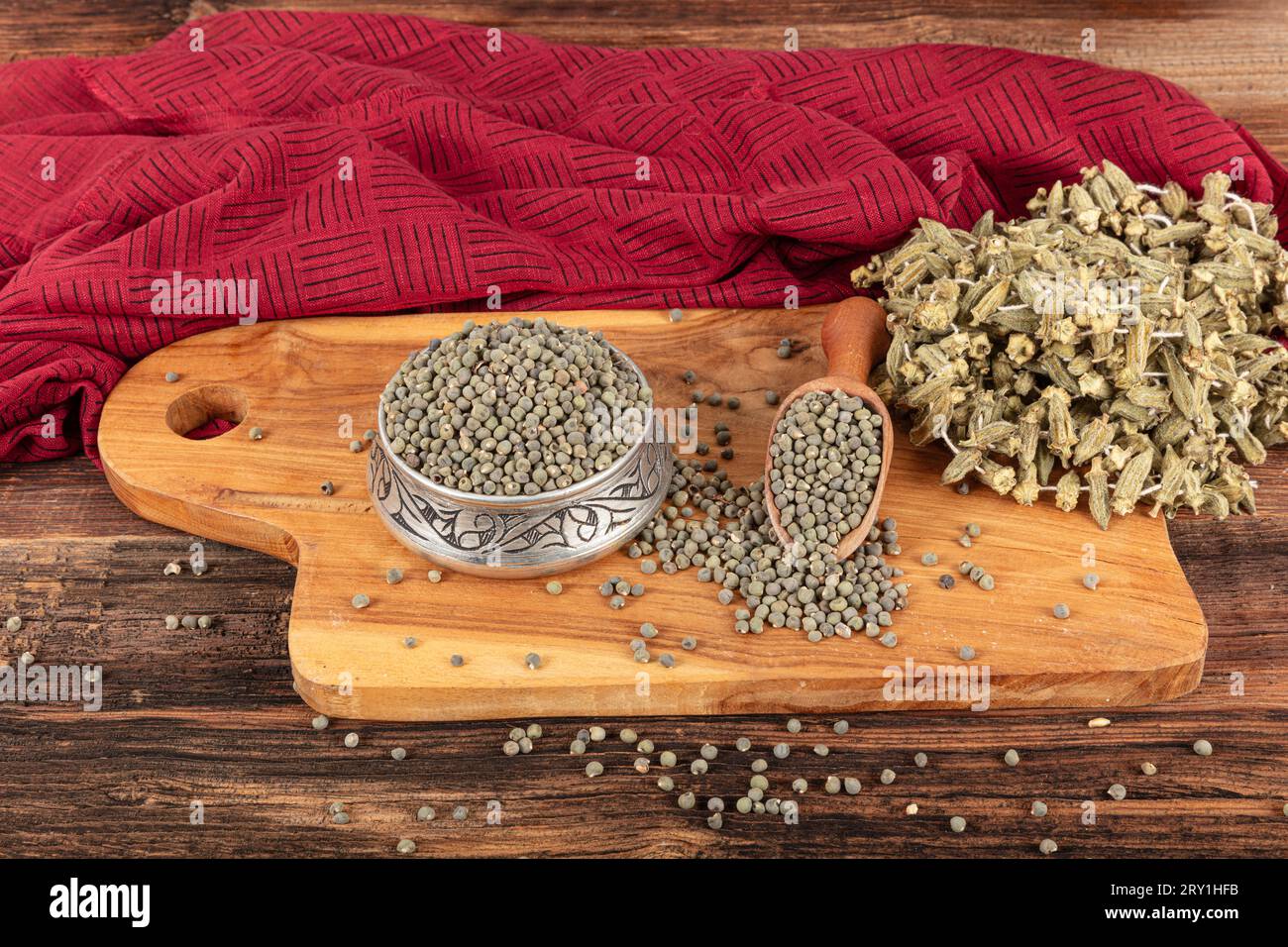 Okra seeds, large quantity of organic okra seeds. Detail of dried okra