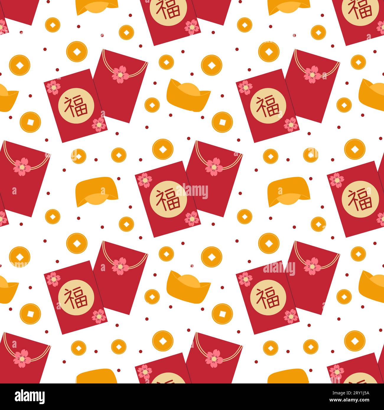 Chinese New Year Red Envelopes Seamless Pattern Design with Chinese Character "Fu" meaning "Good