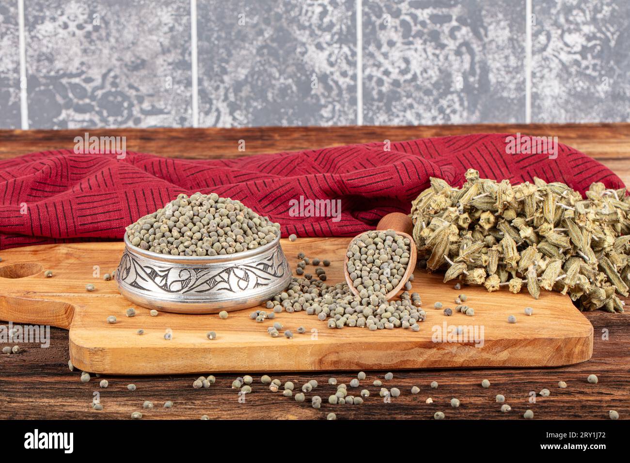 Okra seeds, large quantity of organic okra seeds. Detail of dried okra