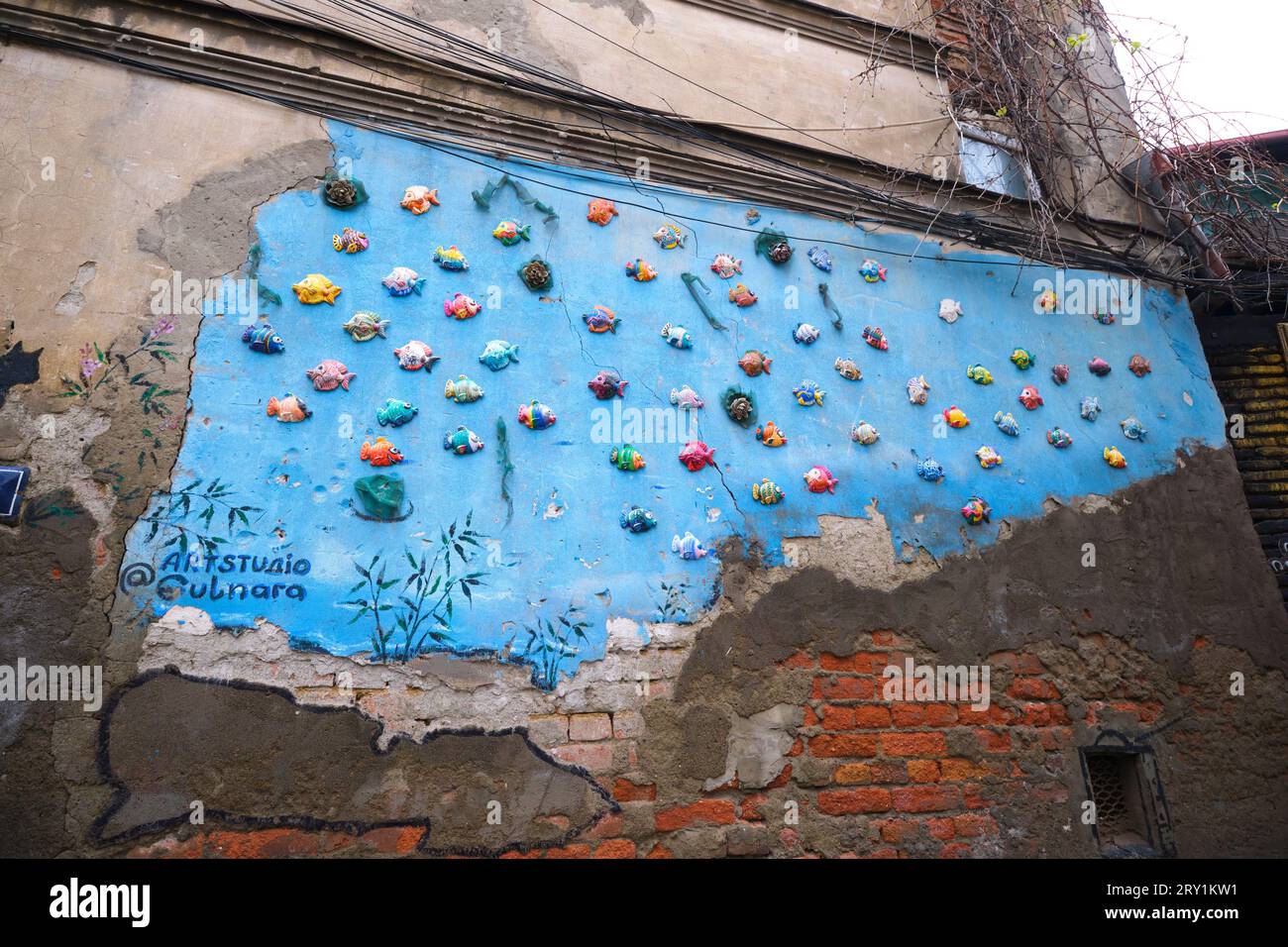 A 3D mural of many colorful fish in a blue sea on an old, peeling building in Old Town. In Tbilisi, Georgia, Europe. Stock Photo