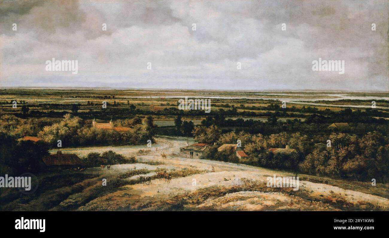 Philips Konink (1619-1688) - Dutch flat landscape  1655-60. 93x168 Stock Photo