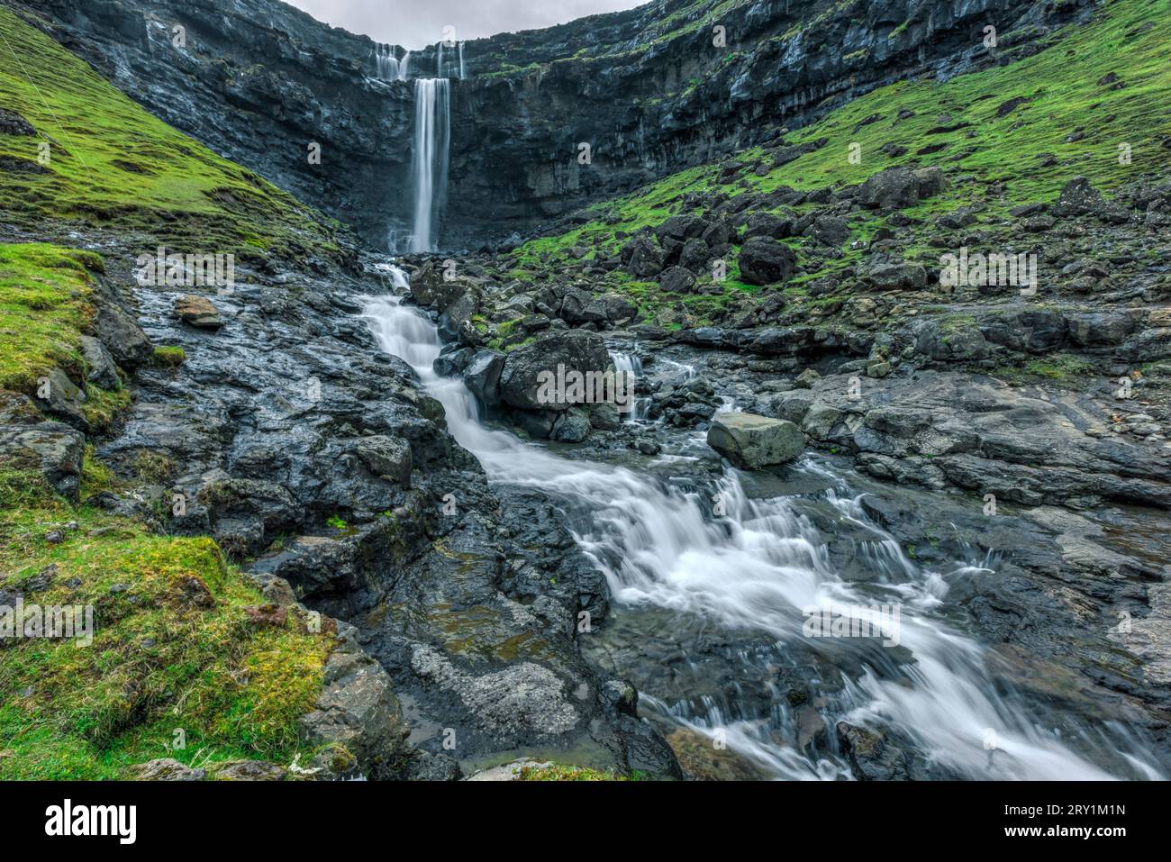 Fossa waterfall near Haldarsvik in the Faroe Islands Stock Photo