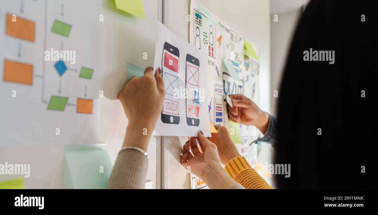 Close up ux developer and ui designer brainstorming interface wireframe design.Creative digital development agency Stock Photo