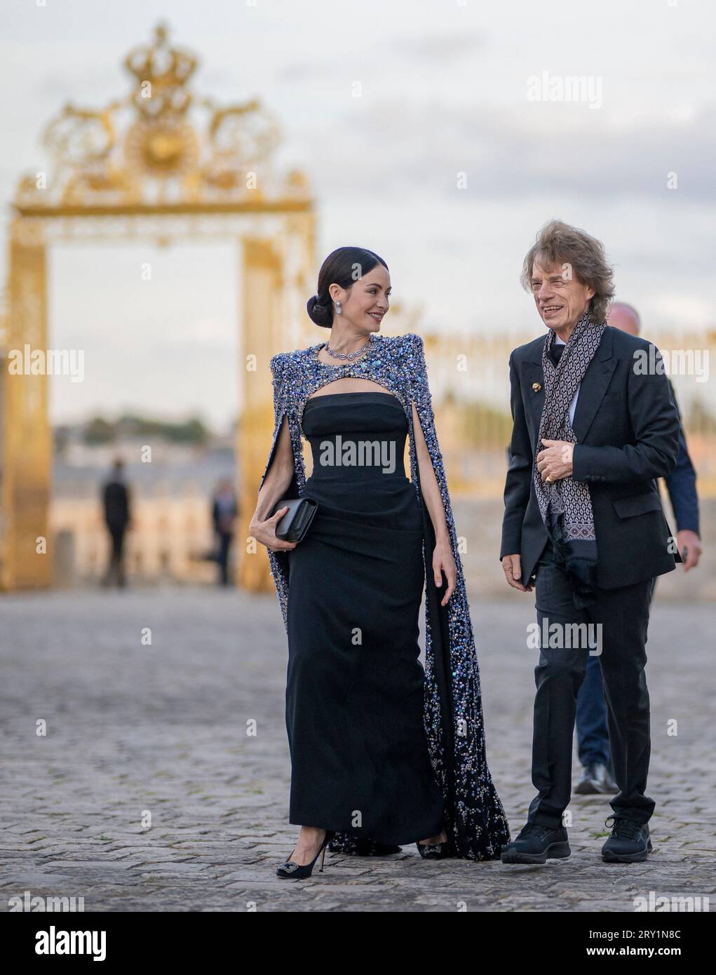 Mick Jagger and his partner US choreographer Melanie Hamrick at the state banquet at the Palace of Versailles, near Paris, France on September 20, 2023, on the first day of a state visit to France. Photo by Eliot Blondet/ABACAPRESS.COM Stock Photo