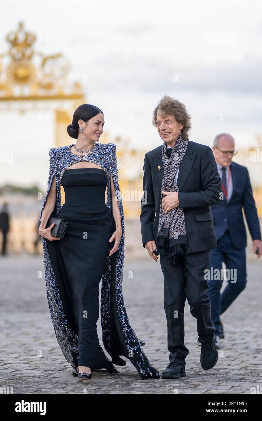Mick Jagger and his partner US choreographer Melanie Hamrick at the state banquet at the Palace of Versailles, near Paris, France on September 20, 2023, on the first day of a state visit to France. Photo by Eliot Blondet/ABACAPRESS.COM Stock Photo