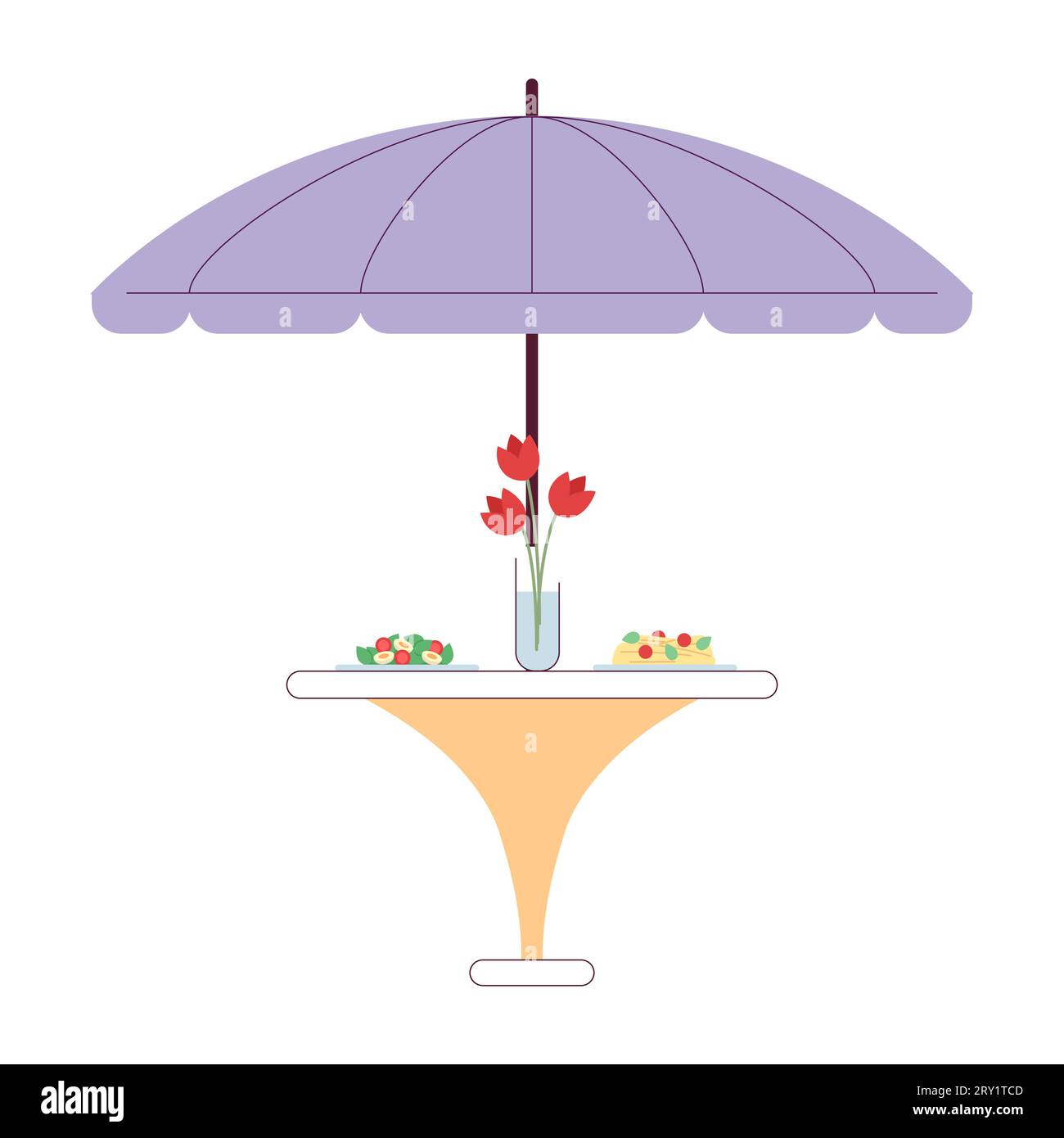 Umbrella patio dining table dinner served 2D cartoon object Stock
