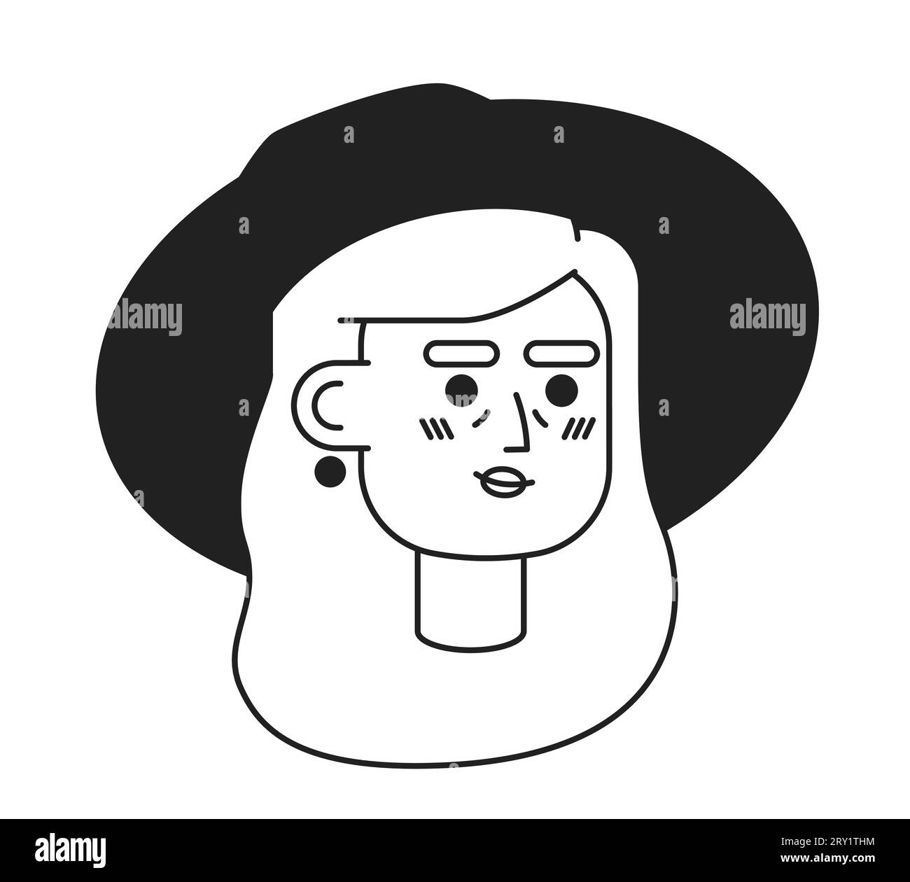 European senior woman straw hat black and white 2D vector avatar illustration Stock Vector Image