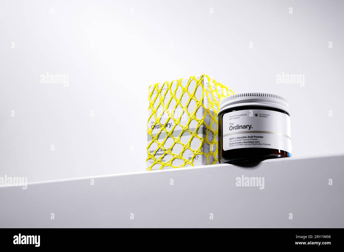 Strasbourg, France - September 2023: The Ordinary skincare brand by Deciem. Vitamin C in L-Ascorbic Acid powder form. Clean minimalist high key skinca Stock Photo