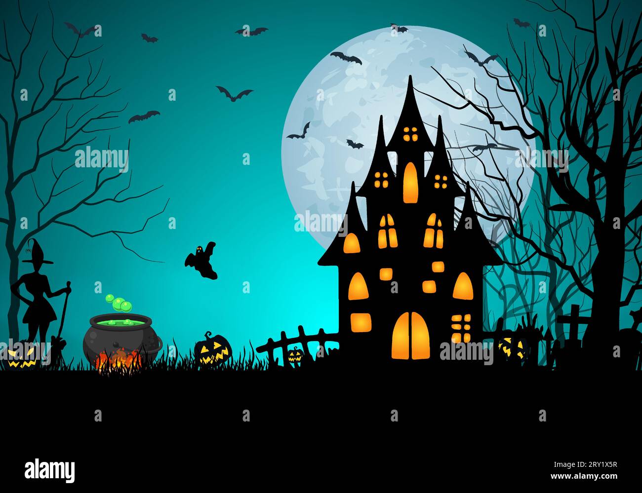 Halloween background flat illustration with silhouette of castle at glowing moon and dead trees Stock Vector