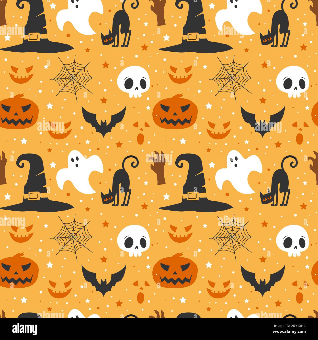 Halloween witch hat and pumpkins pattern background Stock Vector