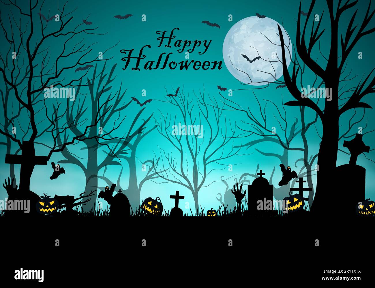 Halloween background with big glowing moon ball on night sky and bats