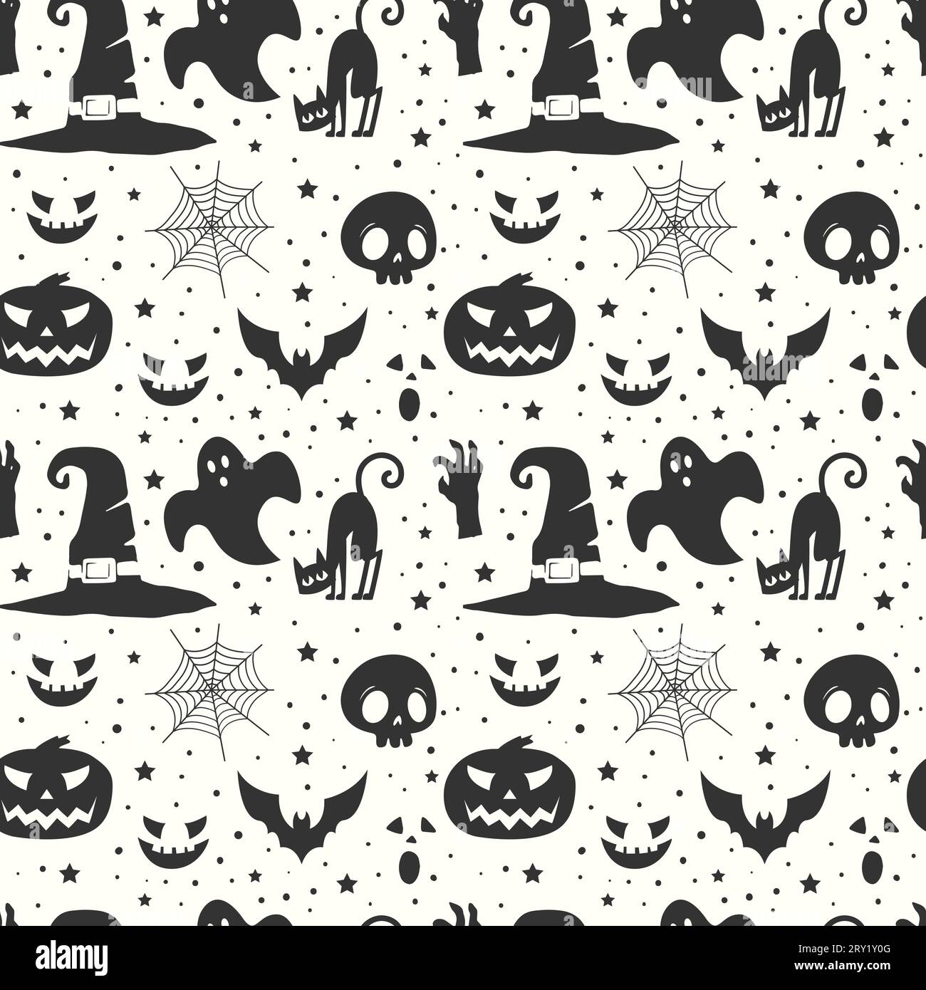 Black and white halloween pattern background with witch hat and halloween elements Stock Vector