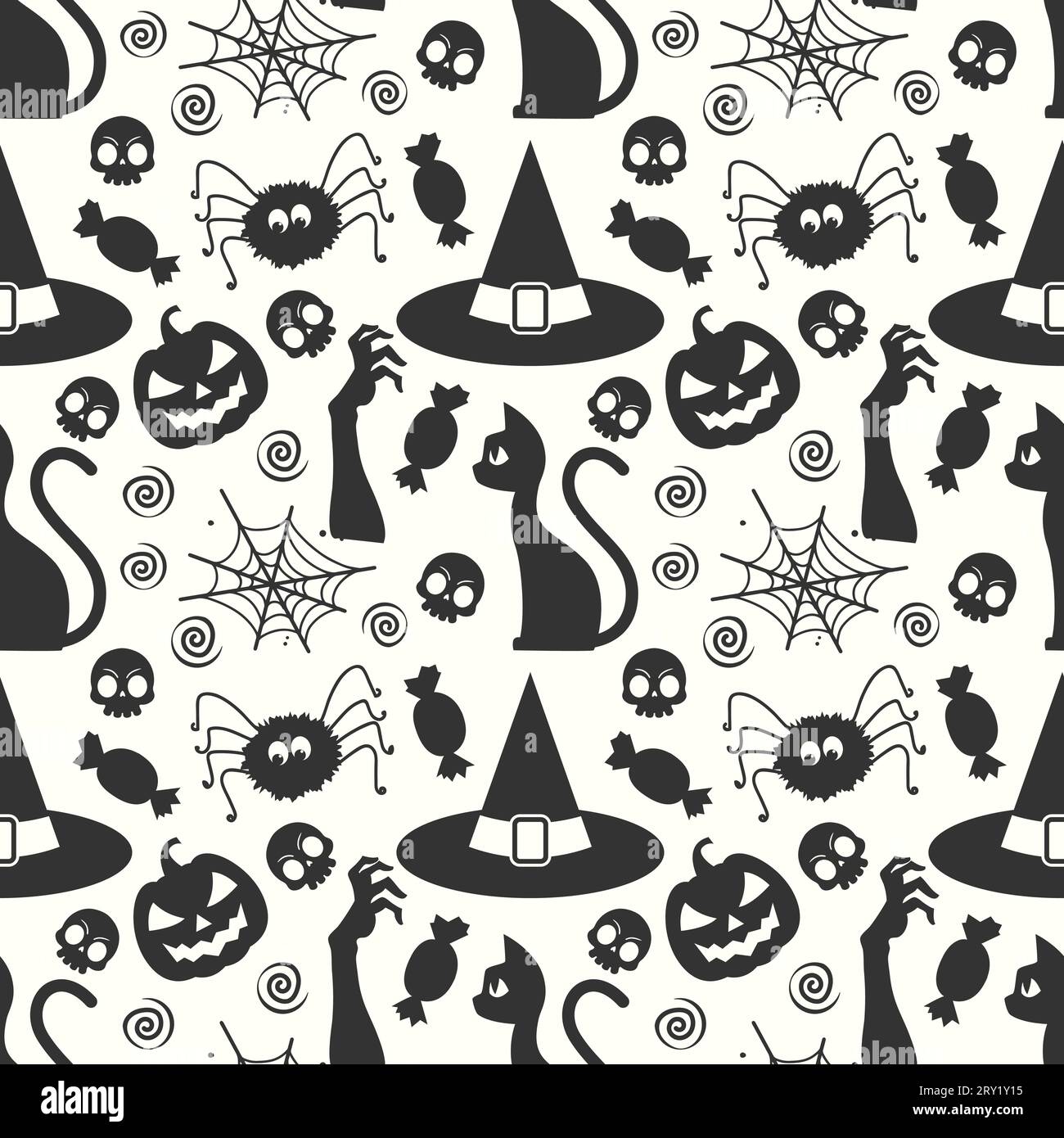 Black and white halloween pattern background with witch hat spider and halloween elements Stock Vector