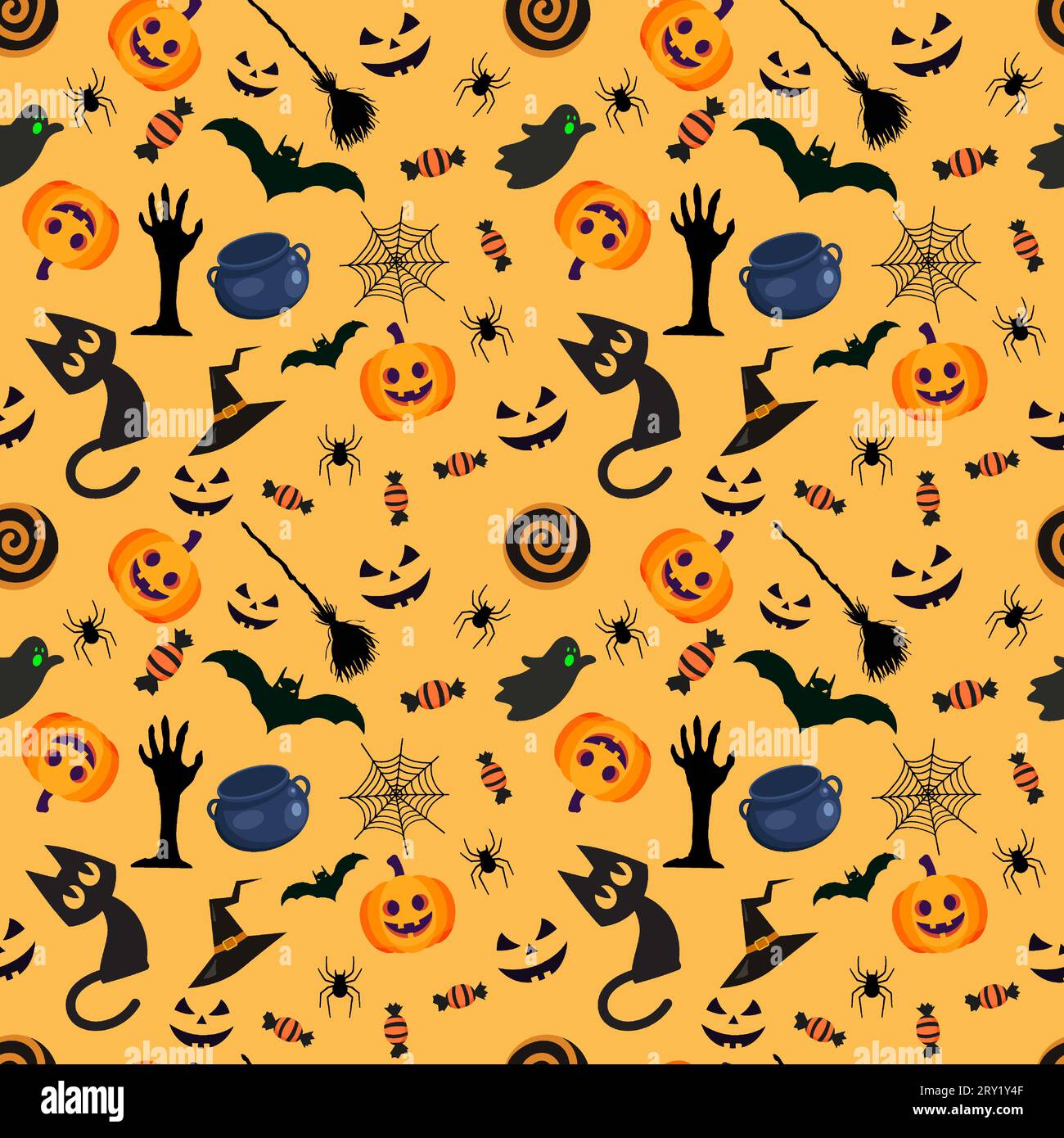 Halloween pattern with halloween candy and witch broom Stock Vector