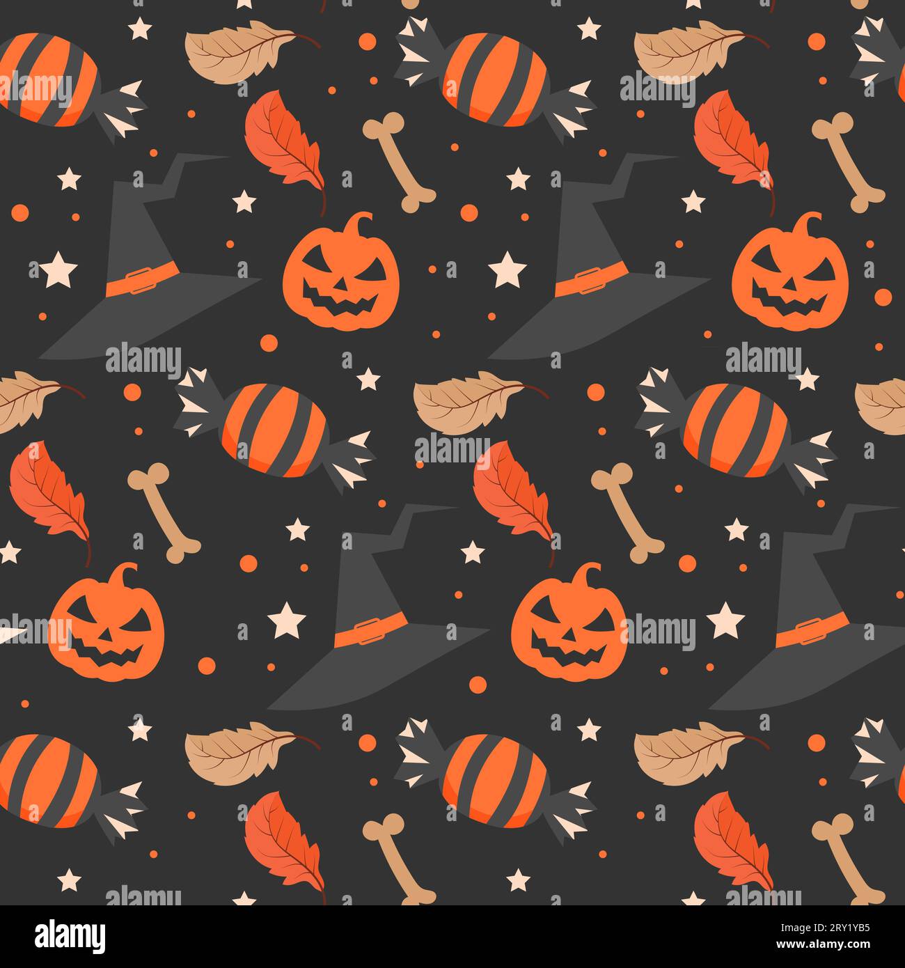 Dark halloween pattern with witch hat and halloween candy Stock Vector