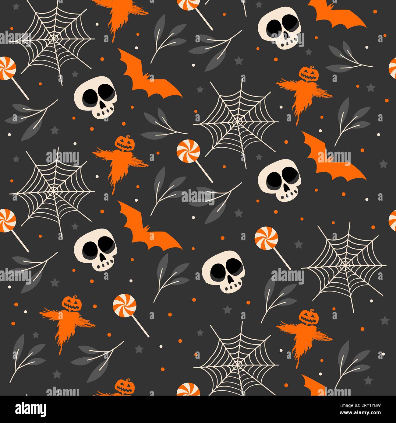 Dark halloween seamless pattern with scarecrow and spider net Stock Vector