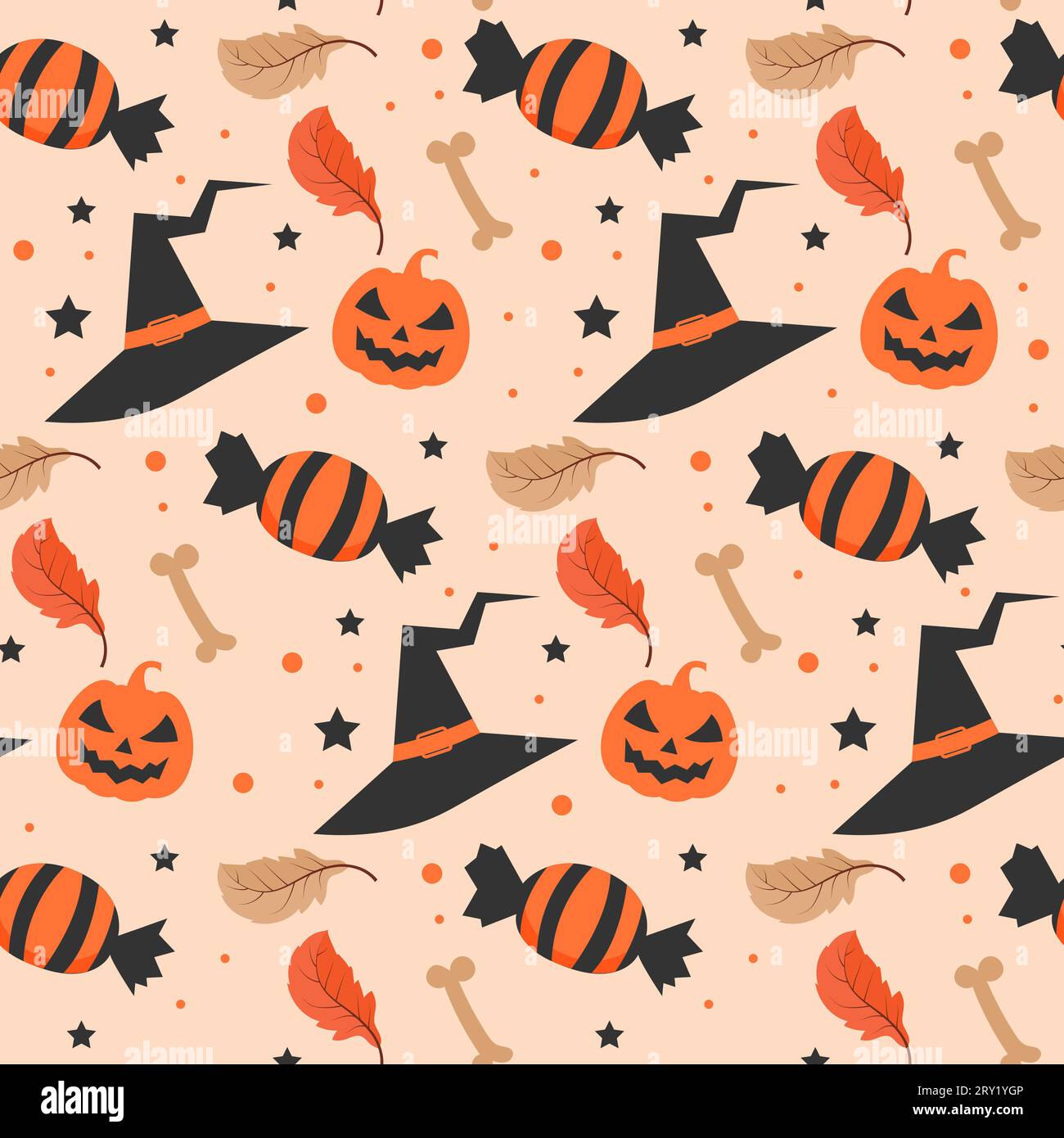 Halloween pattern with witch hat and halloween candy. Halloween seamless pattern Stock Vector