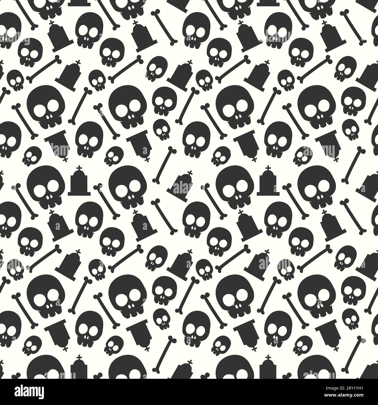Halloween pattern with black and white halloween skull tombstone and bones Stock Vector
