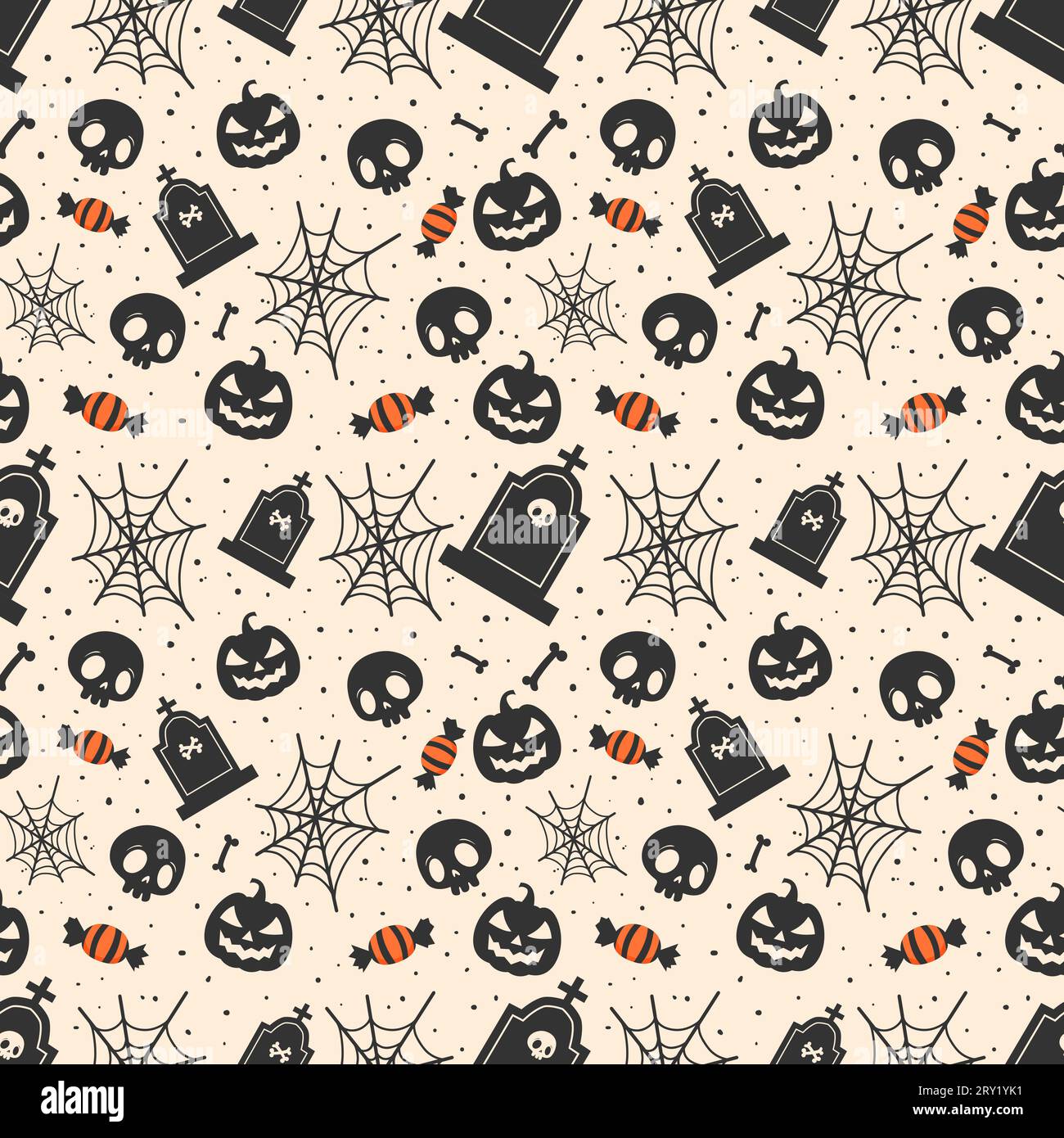 Halloween black and white pattern background with spiderwebs tombstones and halloween candy Stock Vector