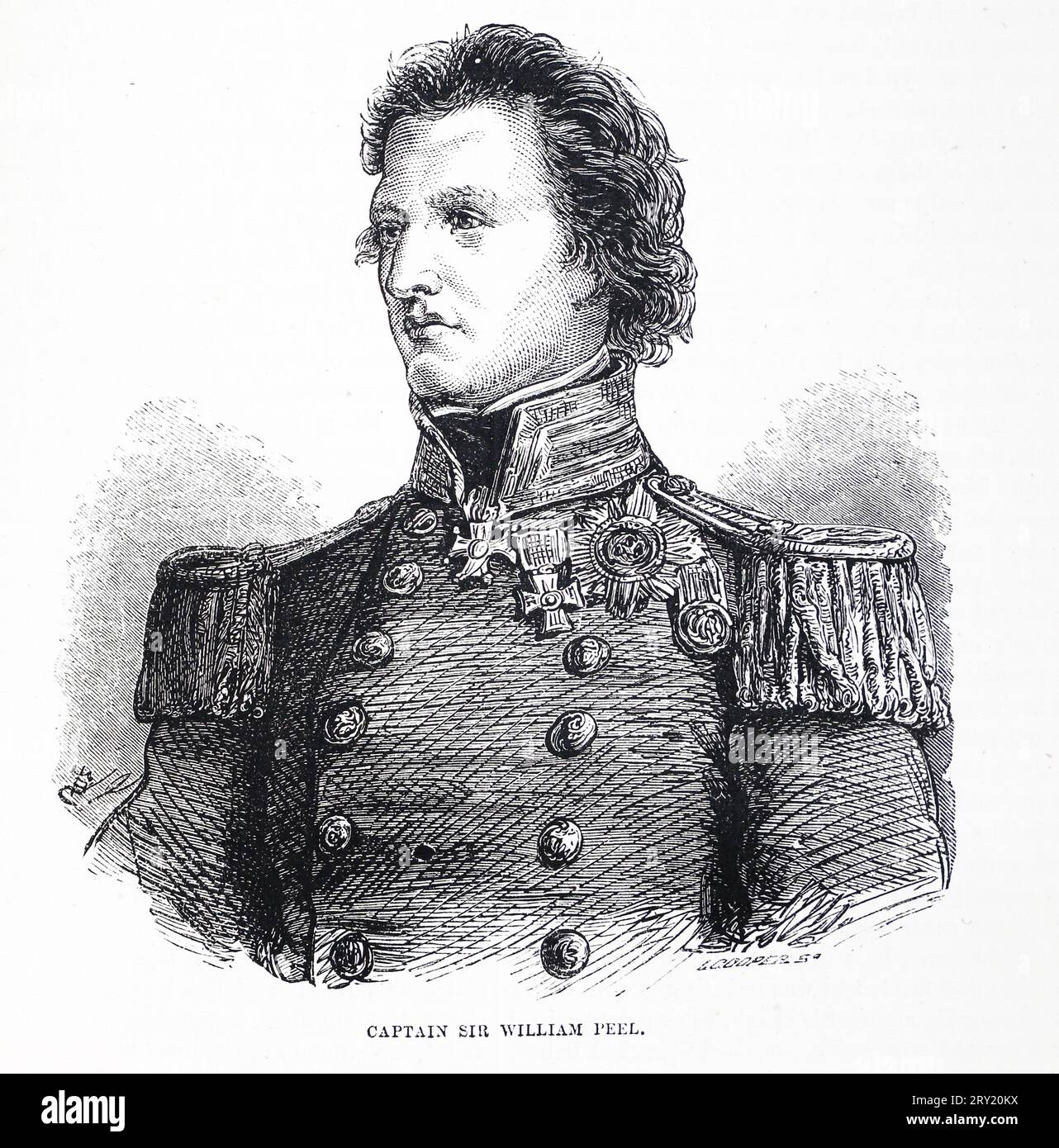 Portrait of Captain Sir William Peel VC KCB (2 November 1824 – 27 April 1858) was a British naval officer and recipient of the Victoria Cross. He was the third son of the British Prime Minister, Sir Robert Peel. Black and White Illustration Stock Photo